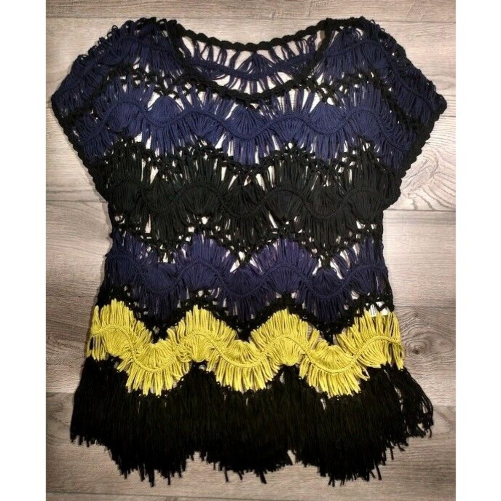 Sioni Studio Open Knit Crochet Top Womens Medium Pull On Striped Boho Fringe